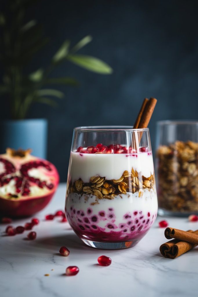 Photo of an indoor glass layered with yogurt, chai-spiced granola, and pomegranate seeds, cinnamon stick leaning against the rim. No text or logos visible.