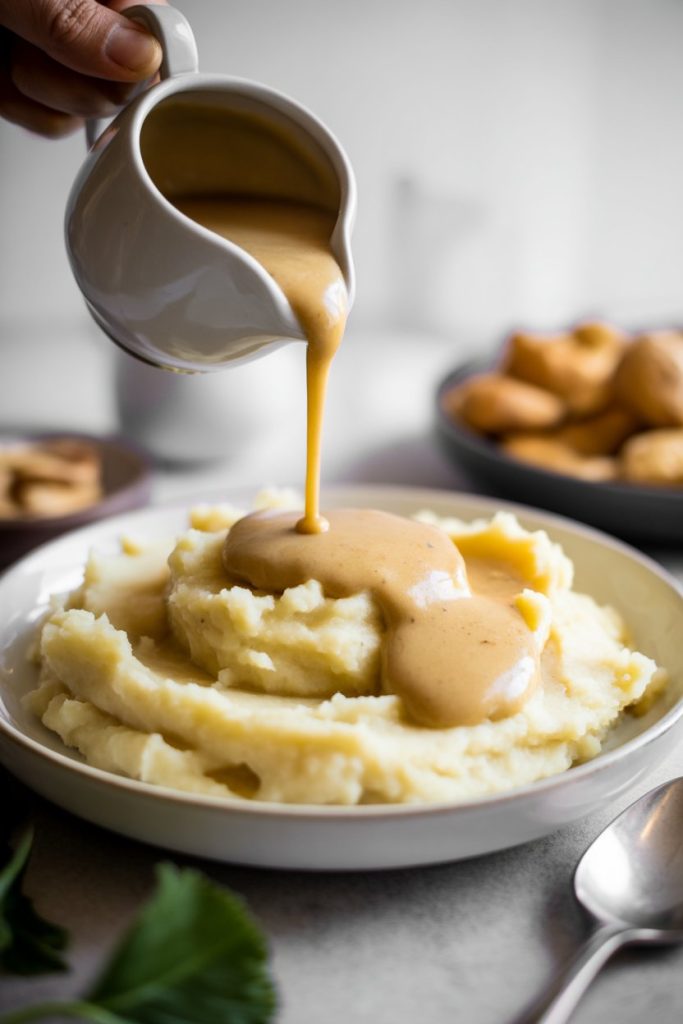 Photo of creamy cashew gravy being poured from a small pitcher over mashed potatoes indoors. No text or logos.