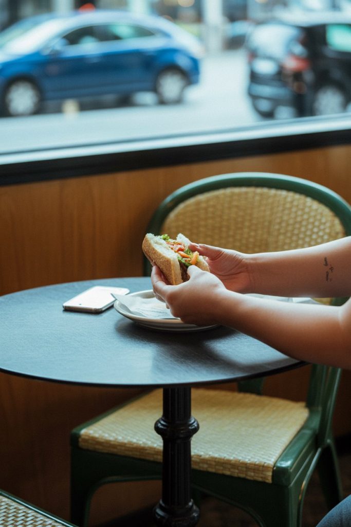 Photo prompt: A quiet indoor café table where a person pauses between bites of a sandwich, holding the food thoughtfully, no phone visible, no logos.