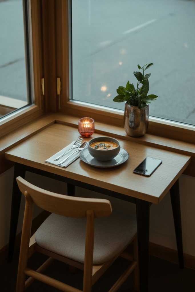 Photo prompt: A serene indoor dining nook where a person eats a single-serving bowl of soup without distractions, no TV or phone in view, soft lighting, no logos.