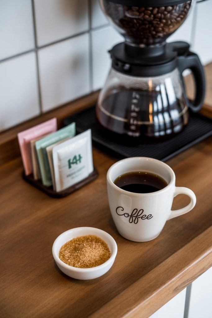 Photo prompt: An indoor coffee station with plain coffee, small dish of raw sugar, and no artificial sweetener packets in sight, no branding.