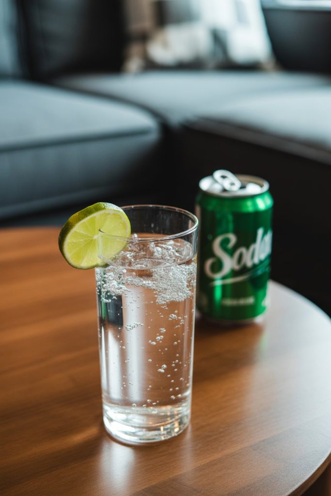 Photo prompt: An indoor coffee table with a tall glass of plain sparkling water garnished with lime, soda can pushed to the side blurred, no identifiable logos.