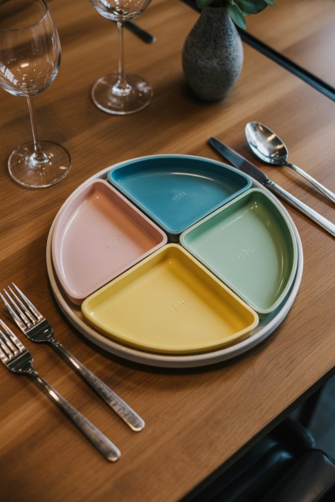 Photo prompt: An indoor dining table showing a standard dinner plate with serving sizes marked by separate, colorful silicone dividers, overhead lighting, no text or logos.