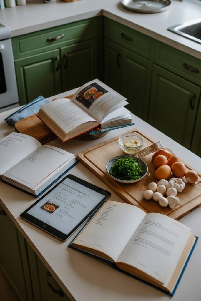 Photo prompt: An indoor kitchen island covered with open cookbooks, tablet displaying a recipe, and ingredients laid out mise en place, no visible text on screens or pages.