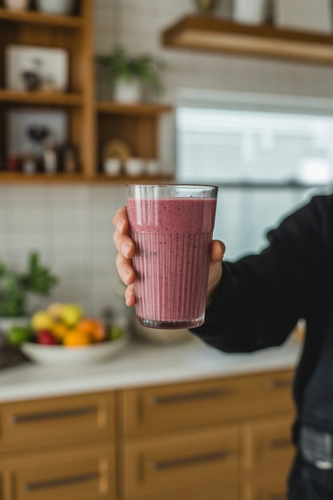 Photo prompt: An indoor kitchen where someone raises a smoothie glass in a cheerful toast, background slightly blurred, no text or branding.