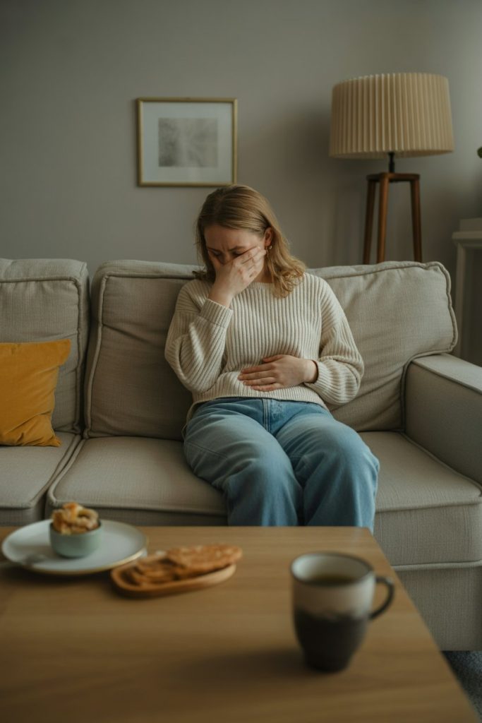 Photo prompt: An indoor living-room couch scene where a person pauses, hand on stomach, deciding whether to eat, no logos.