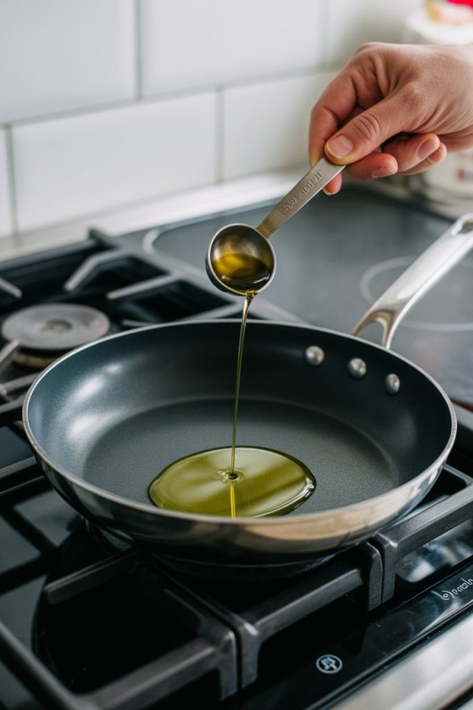 Photo prompt: An indoor stovetop where a cook uses a measuring spoon to pour olive oil into a skillet, no brand labels visible.