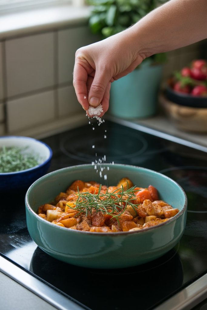 Photo prompt: An indoor stovetop with a hand sprinkling coarse salt onto food from a small pinch bowl, another bowl of herbs nearby, no brand labels.