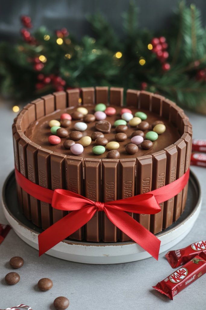 Round chocolate cake indoors encircled by upright Kit Kat bars tied with a red ribbon, top loaded with assorted holiday candies. No logos visible.