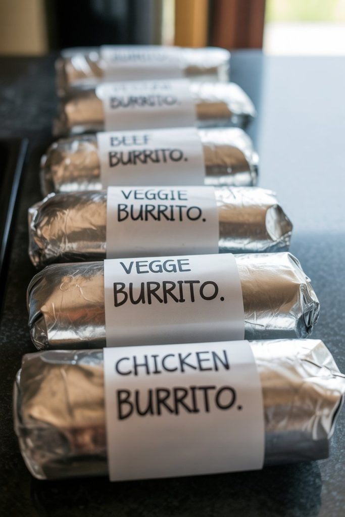Row of wrapped foil freezer burritos labeled with a marker, indoor photo, no text or logos