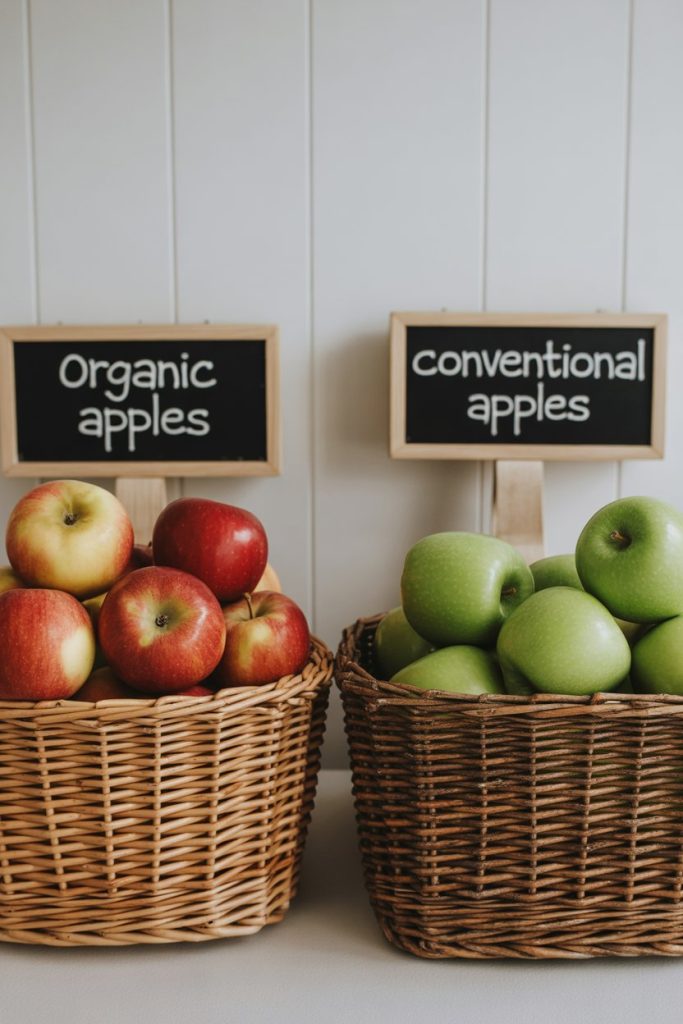 Side-by-side indoor baskets—one labeled with organic apples and one with conventional apples (labels not visible in photo), shot front-on. No text or logos. Photo, not illustration.