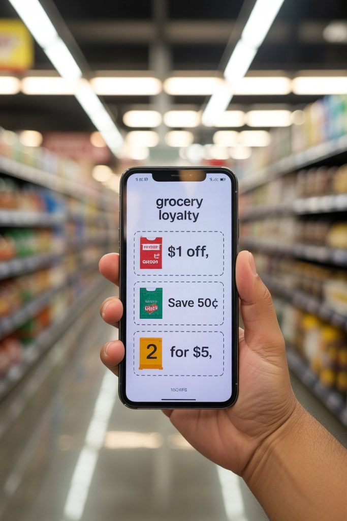 Smartphone displaying a grocery loyalty app with clipped digital coupons, indoor photo, no text or logos