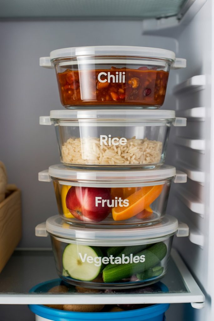 Stack of labeled glass containers filled with chili, rice, and vegetables on a refrigerator shelf, indoor photo, no text or logos