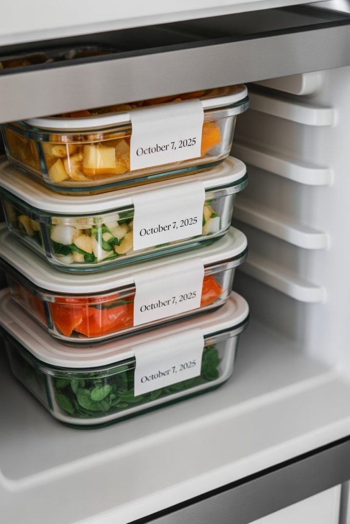 Stacked glass meal-prep containers labeled with dates, placed inside a well-lit freezer drawer. No text or logos. Photo, not illustration.