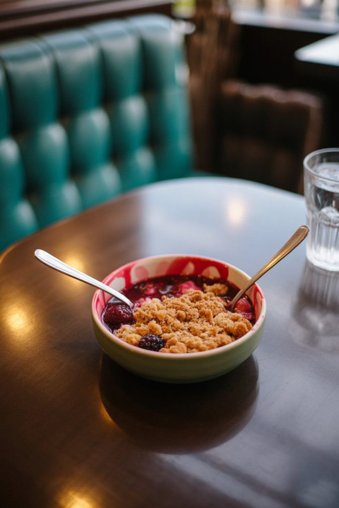 Two spoons resting in a small bowl of berry crumble on an indoor café table, soft ambient lighting. No visible text or logos.