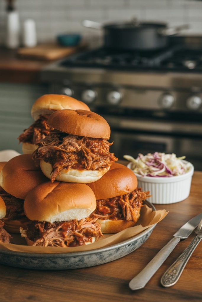 Warm indoor kitchen shot of a platter stacked with small brioche buns overflowing with saucy pulled pork, a ramekin of coleslaw on the side. No text or logos.