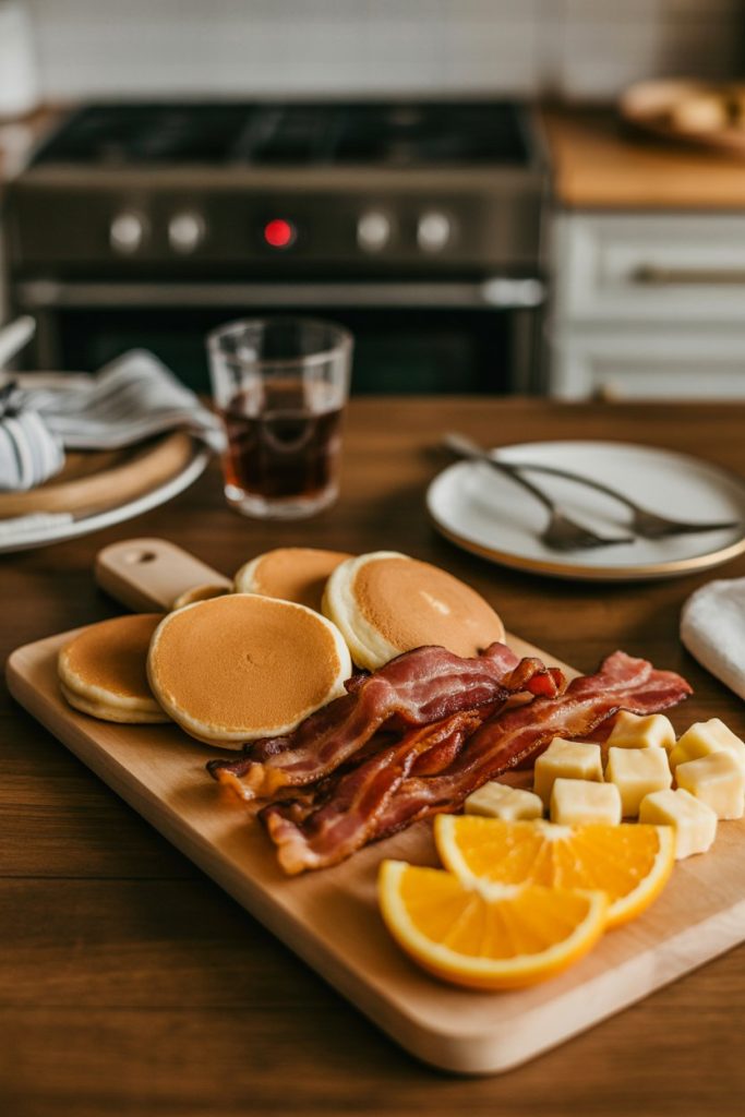Warm indoor kitchen table with a board of maple-glazed bacon strips, mini pancakes, cheddar curds, and orange slices; no text or logos.