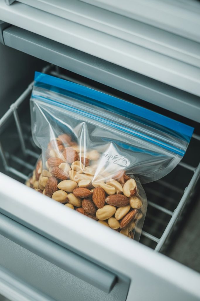 Zip bag of mixed nuts sliding into a freezer drawer, indoor photo, no text or logos
