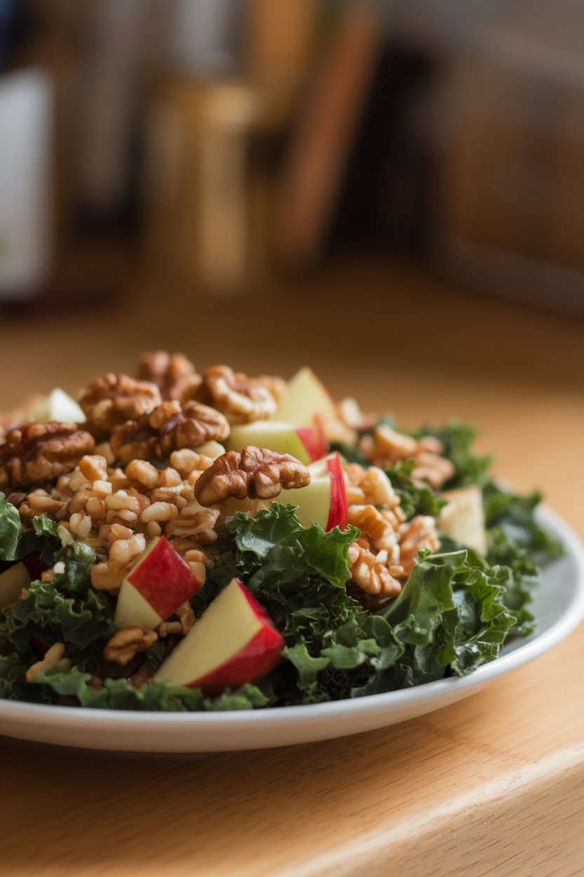 Indoor salad plate featuring ribbons of kale, diced red apple, chewy farro, and toasted walnuts under soft light; photo, no text or logos.