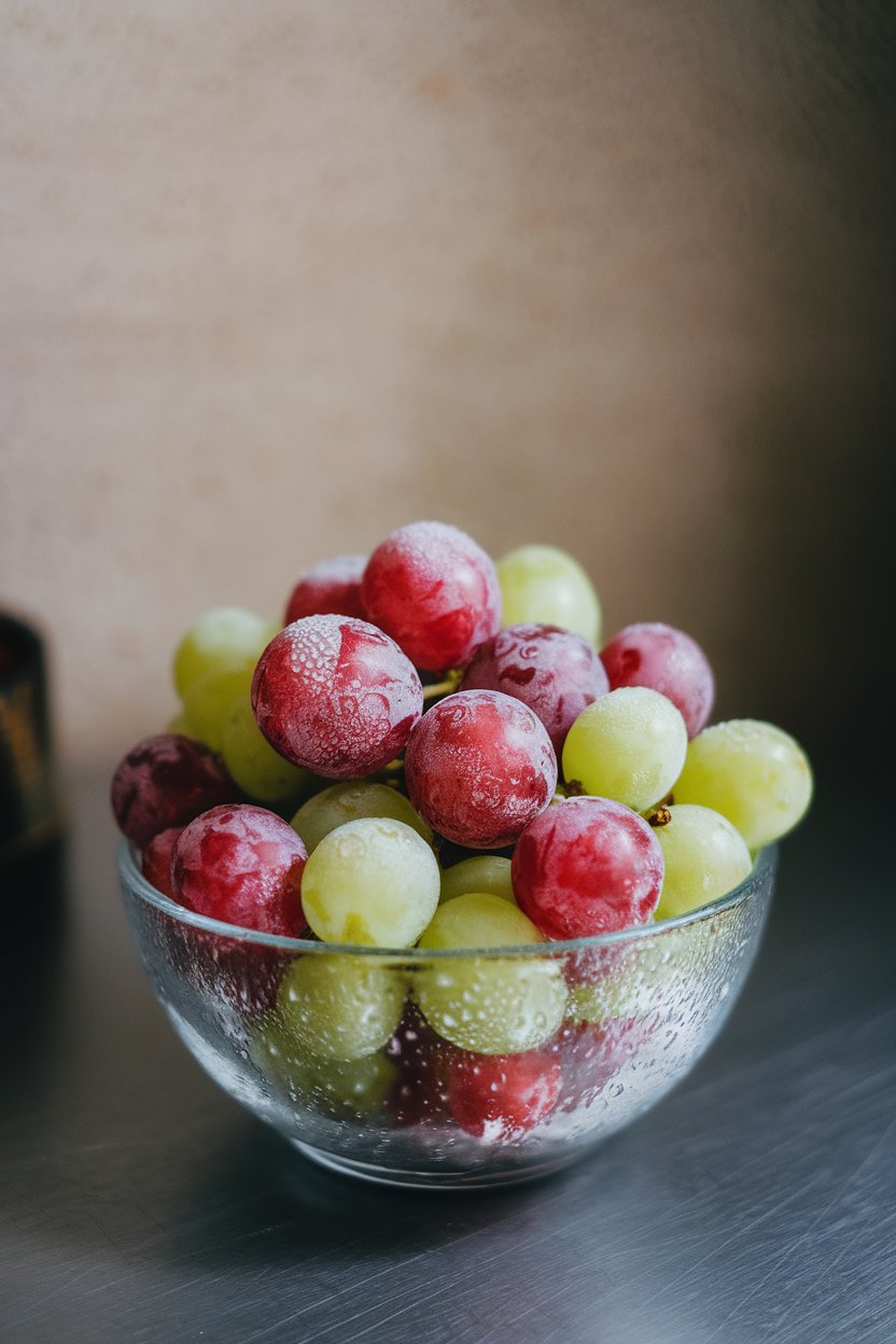 Indoor photo of a small bowl filled with frosty red and green seedless grapes, condensation visible. No text or logos.