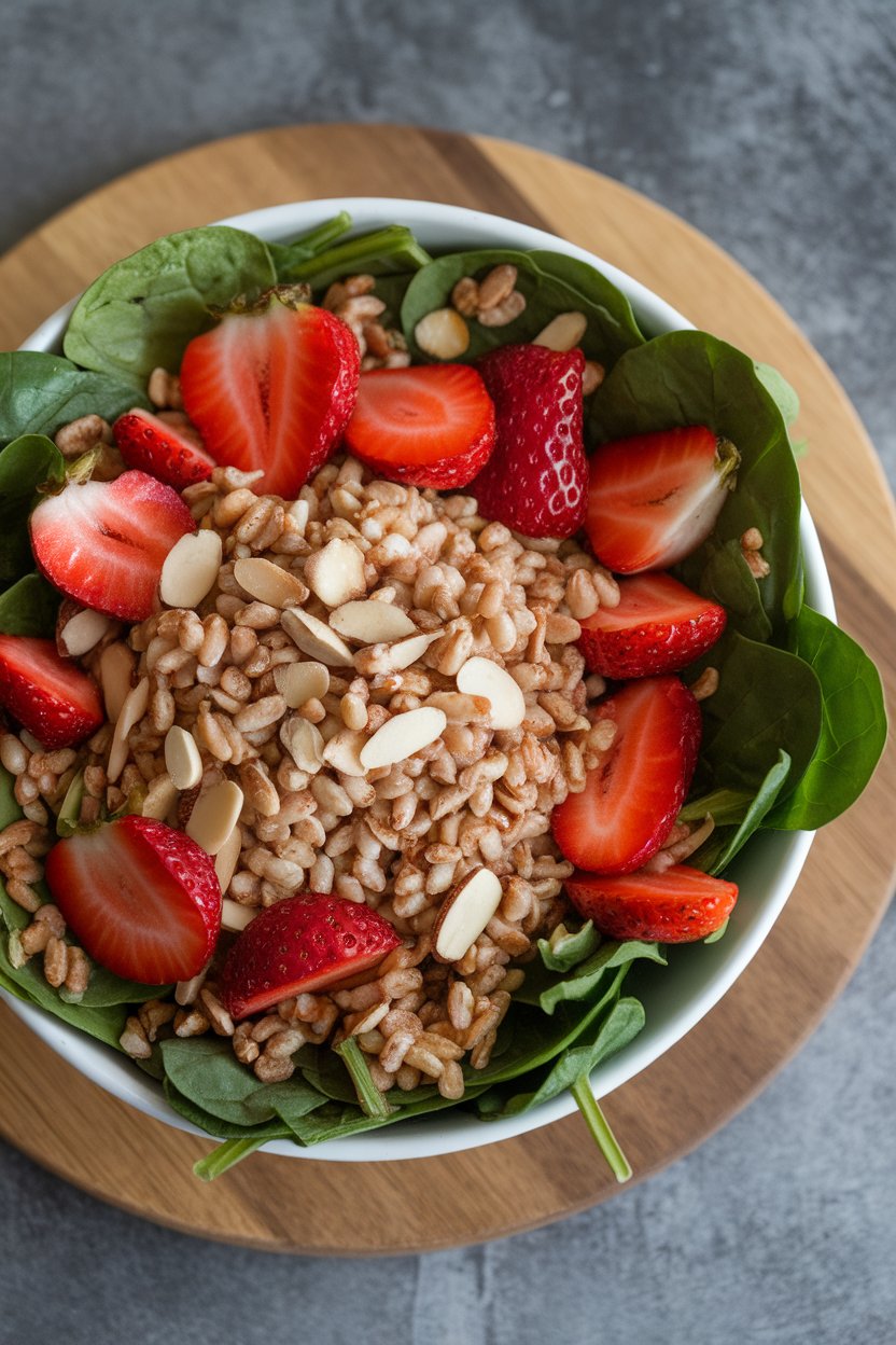An indoor salad bowl featuring baby spinach, sliced strawberries, cooked farro, and slivered almonds. No logos or text.