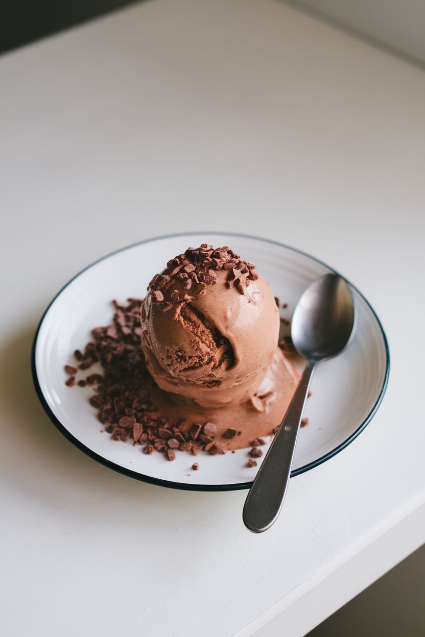 An indoor dessert dish with a scoop of chocolate banana nice cream garnished with cocoa nibs, spoon beside it. No logos or text. Photo.