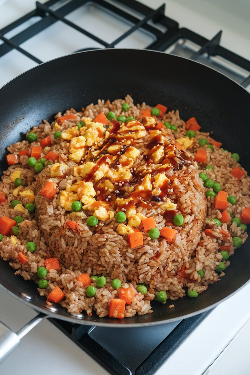 Photo of a wok on an indoor stovetop filled with cooked brown rice mixed with diced carrots, peas, scrambled egg bits, and soy sauce glaze; no text or logos