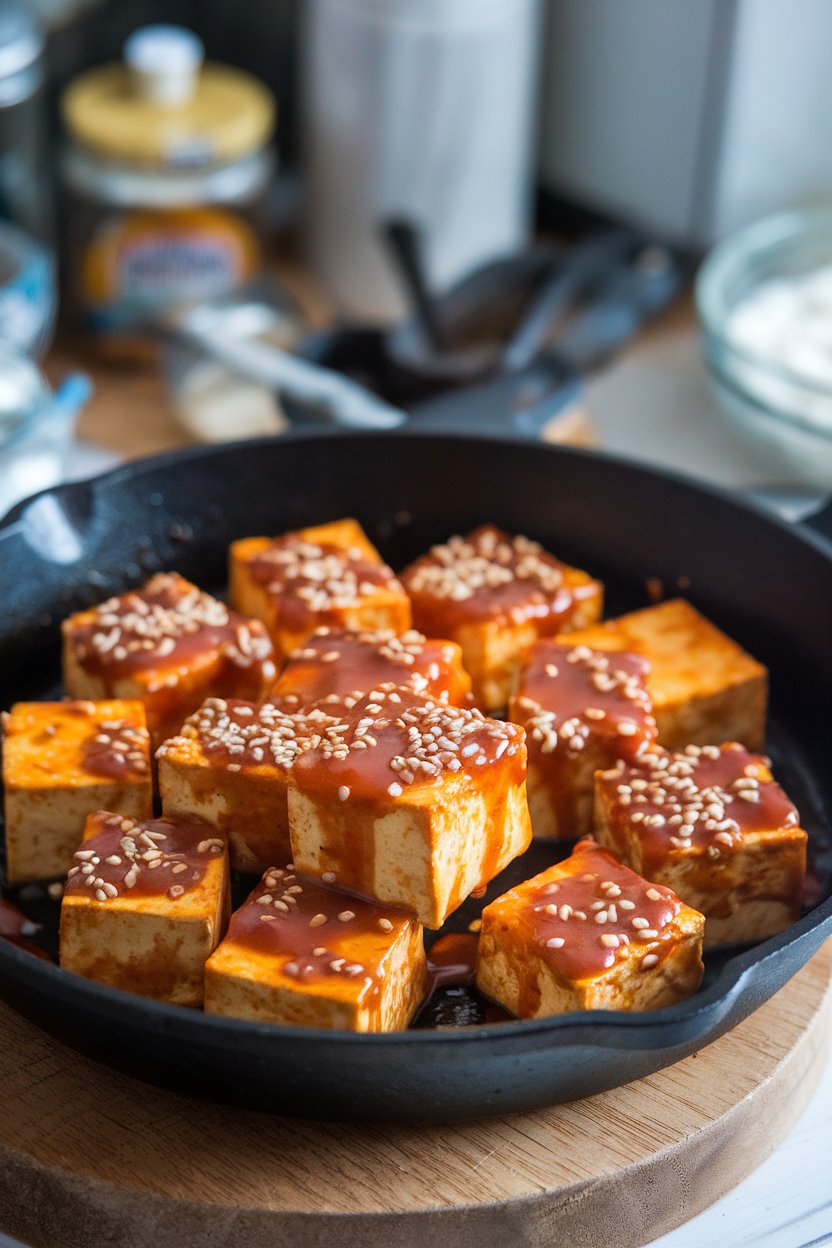 A skillet indoors containing seared tofu cubes coated in glossy orange-maple sauce, sesame seeds sprinkled; no text or logos, photo only