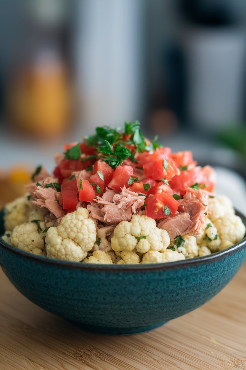 Bowl of cauliflower “couscous” topped with tuna, diced tomatoes, and parsley, indoor, no branding.