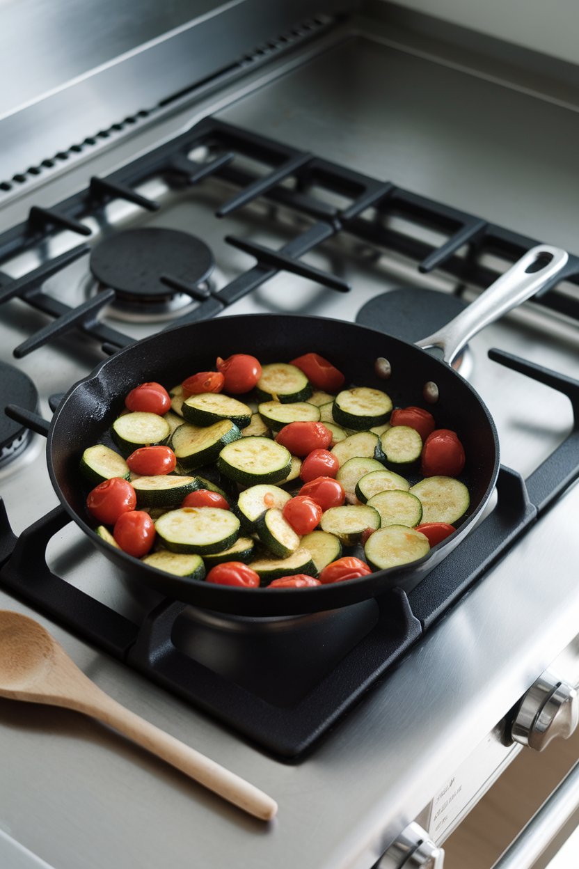 Photo of an indoor stovetop with a simple skillet of sautéed zucchini, garlic, and cherry tomatoes; bright task lighting; no text or logos.