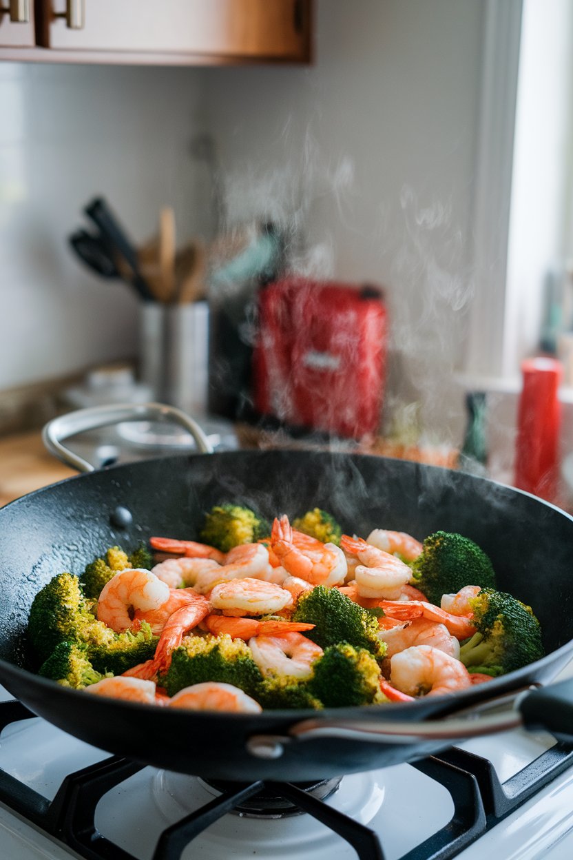 A wok on an indoor stove filled with cooked shrimp and broccoli coated in glossy garlic sauce, steam drifting upward. No text or logos. Photo, not illustration.