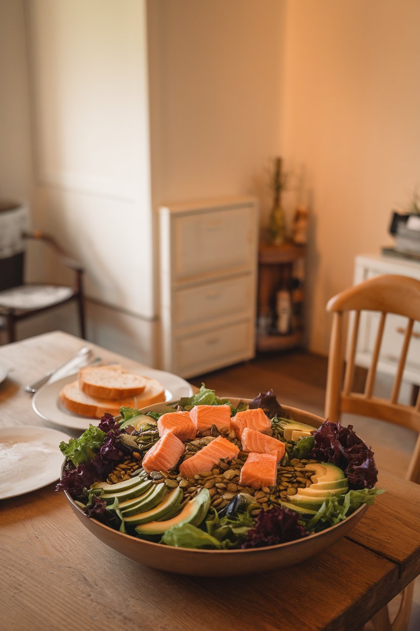 An indoor table with a large salad bowl filled with mixed greens, sliced avocado, seared salmon pieces, and pumpkin seeds. No brand names in sight.