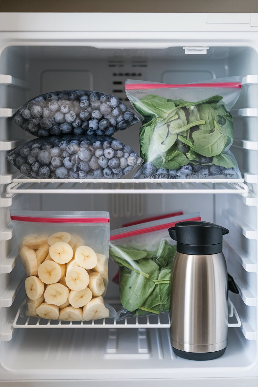 An indoor freezer shelf with zip bags filled with frozen blueberries, spinach, and banana slices ready to be blended, plus a finished smoothie in a thermos. Photo, no logos.