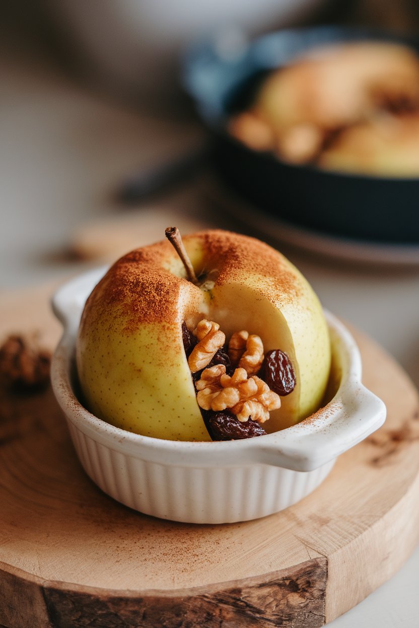 Indoor photo of a warm baked apple stuffed with raisins and walnuts, cinnamon dust visible, placed in a small white baking dish. No text or logos.