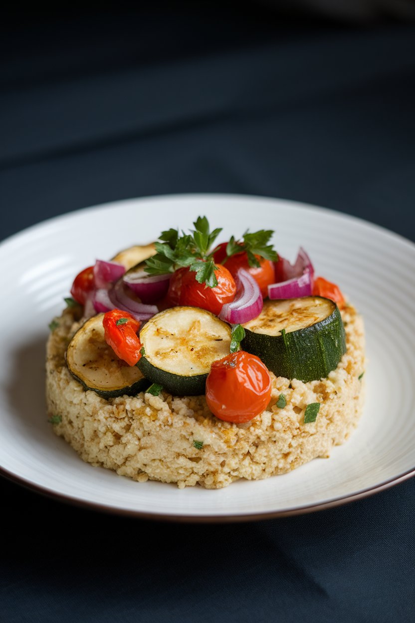 Indoor dish showing fluffy couscous topped with roasted zucchini, cherry tomatoes, and red onion, garnished with parsley. Photo only, no text or logos.
