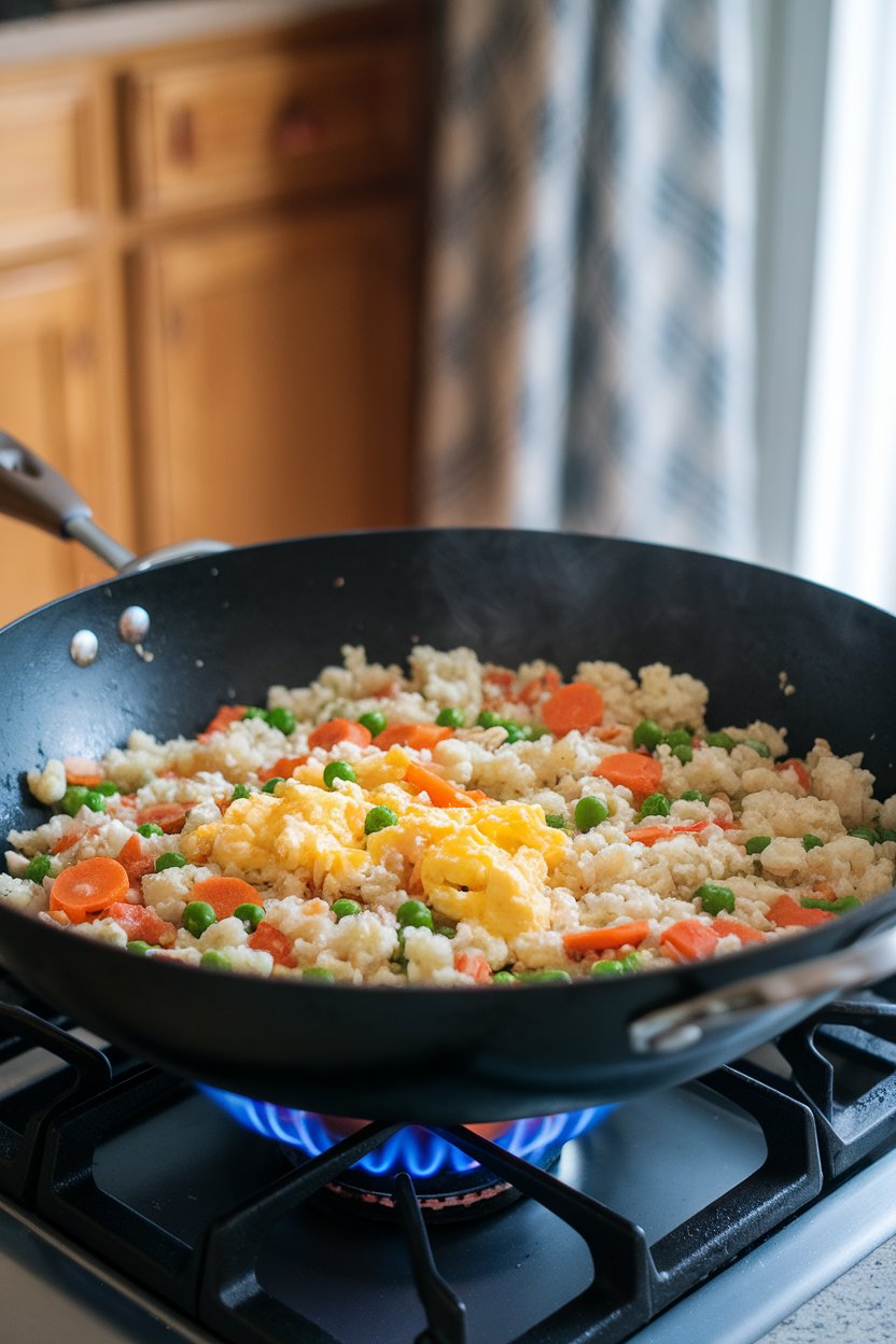 Photo of a wok on an indoor stove filled with cooked cauliflower rice, peas, carrots, and scrambled eggs. No logos or text.