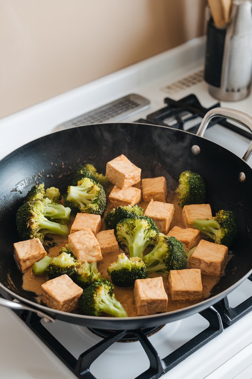 Indoor stovetop with a wok full of tofu cubes and bright broccoli florets tossed in light soy-ginger sauce, steam visible. No text or logos, photo not illustration.