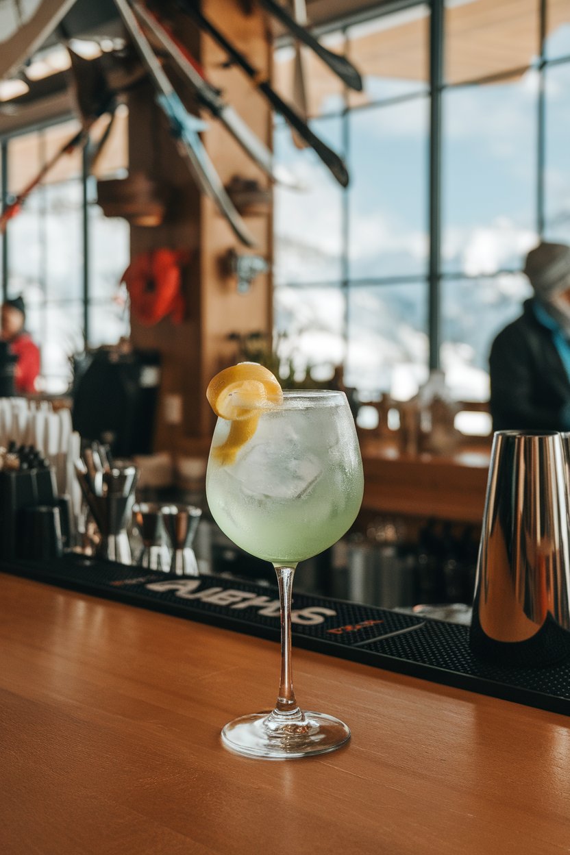 An indoor après-ski bar with a stemmed glass Alpine Spritz, light green Genepi liqueur hue and lemon twist. No text or logos.