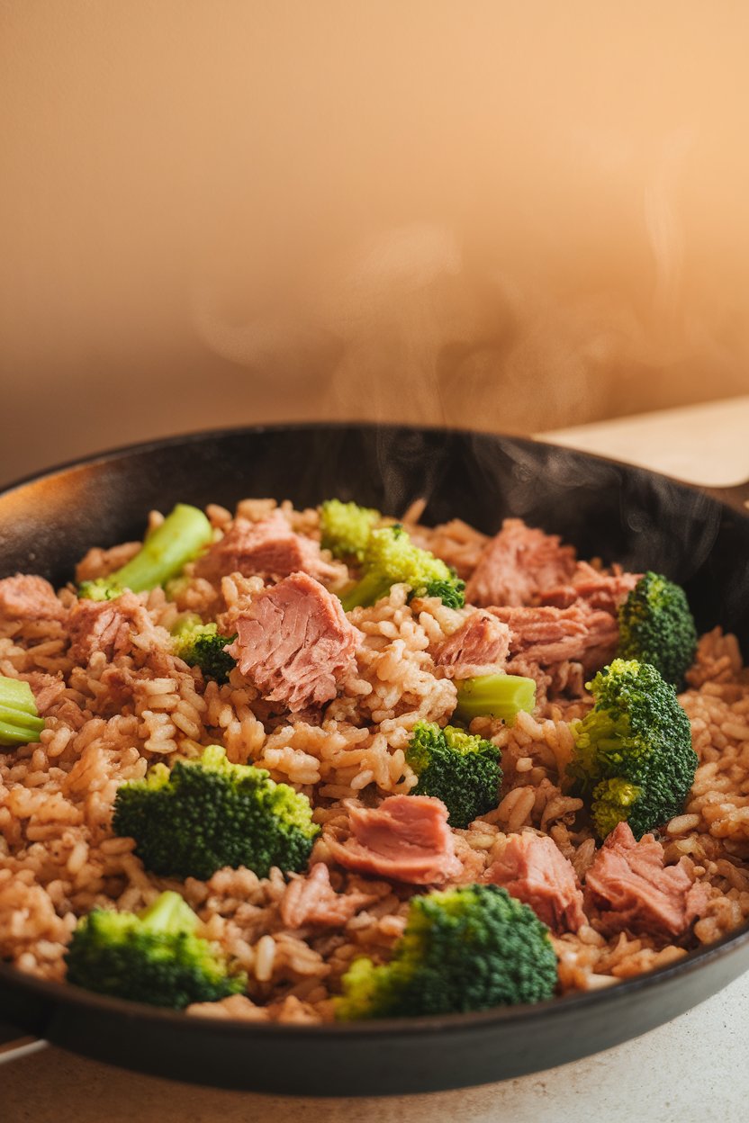 Skillet shot of brown rice mixed with broccoli florets and tuna, steam rising, indoor scene, no logos.