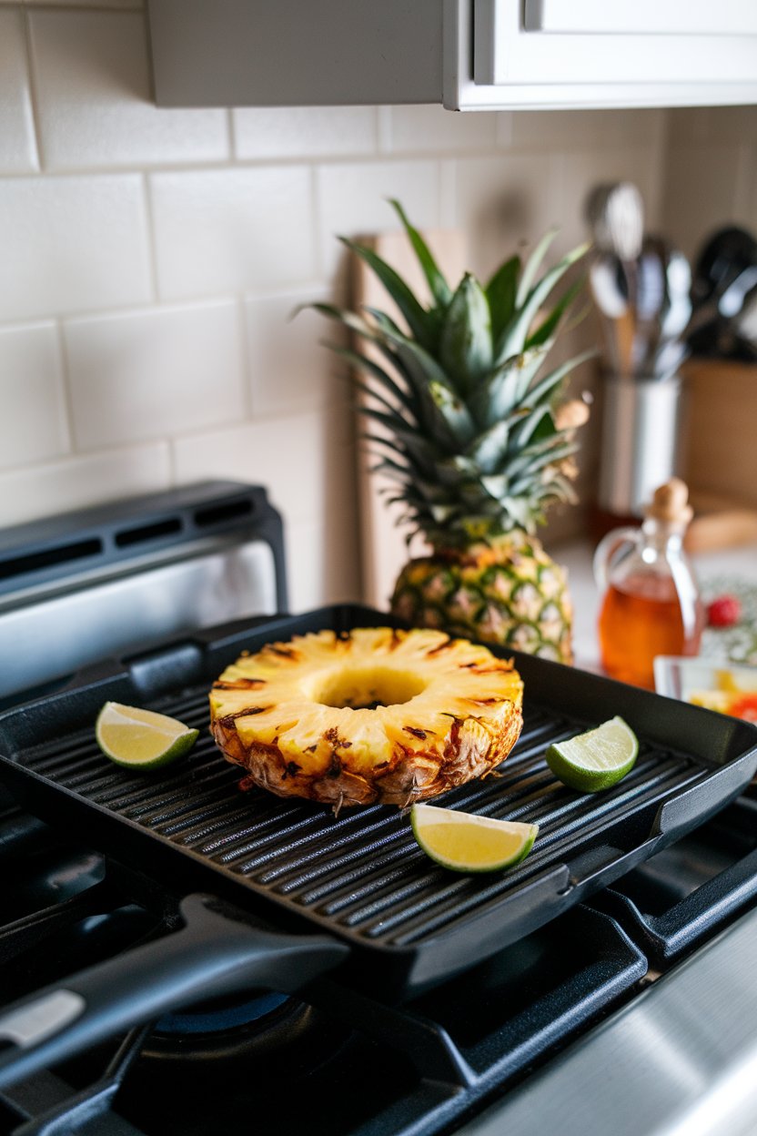 Indoor grill pan on stovetop with charred pineapple rings drizzled with honey and lime wedges nearby. No text or logos.