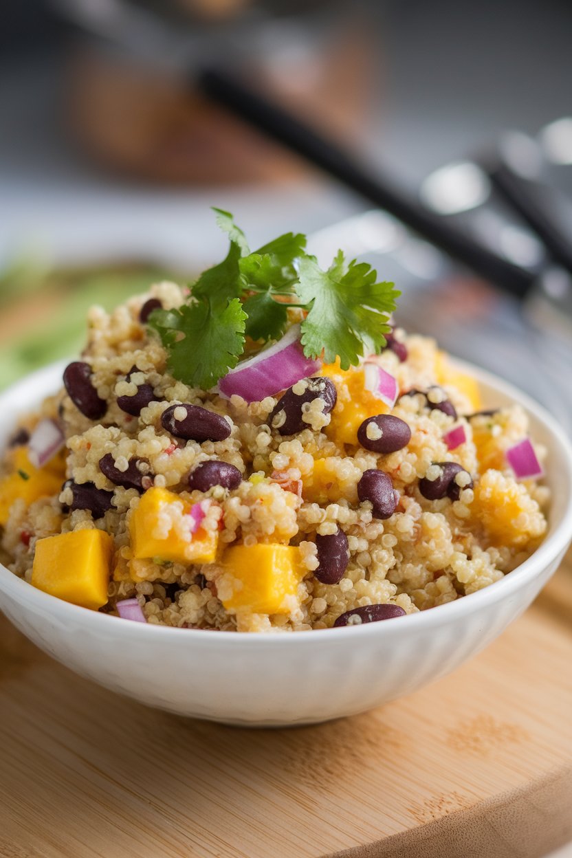 Indoor bowl of quinoa salad featuring black beans, mango cubes, and red onion—no text or logos.