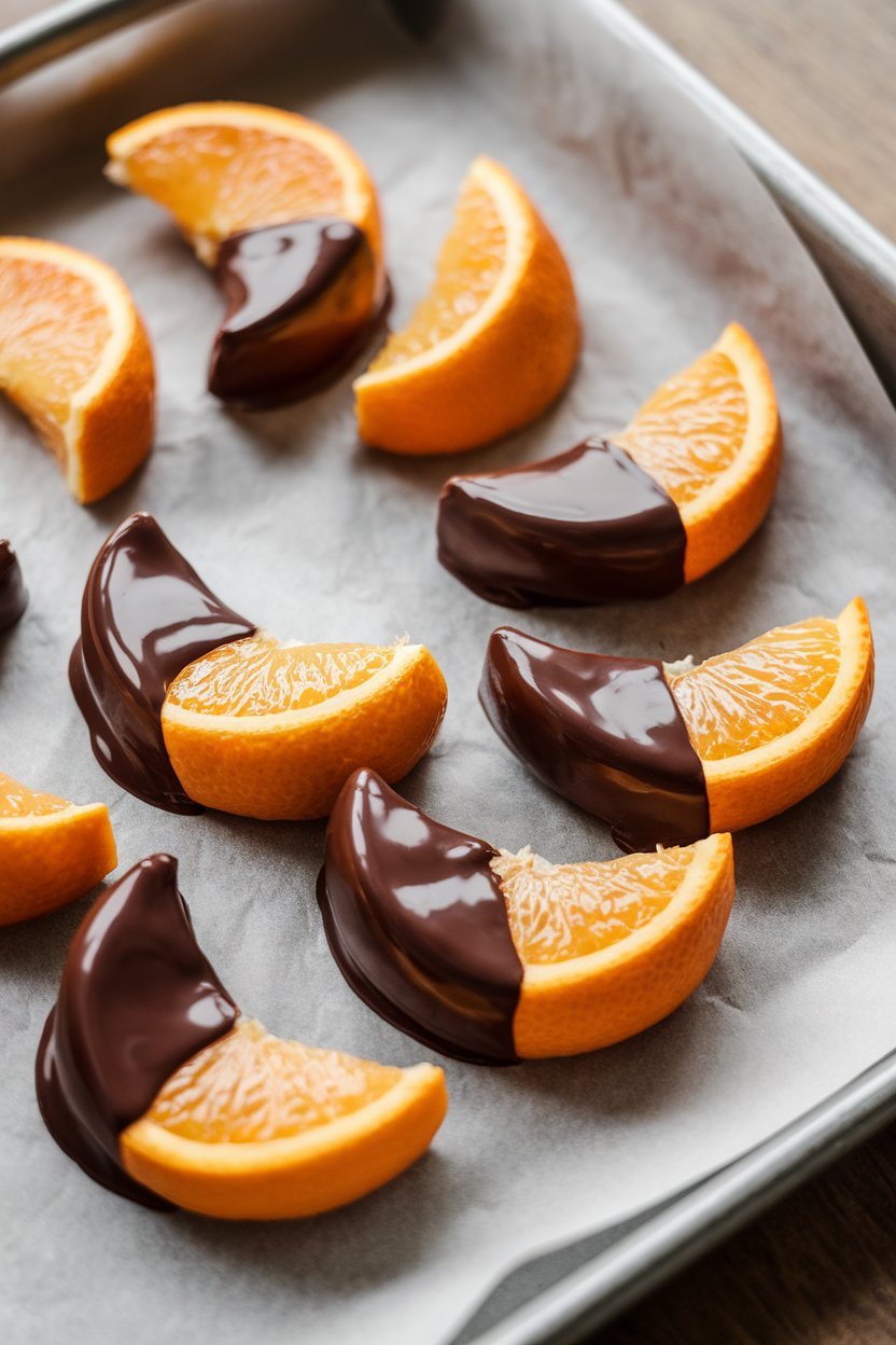 Photo prompt: Indoor tray with half-moon orange slices partly dipped in glossy dark chocolate, cooling on parchment paper. No text or logos.
