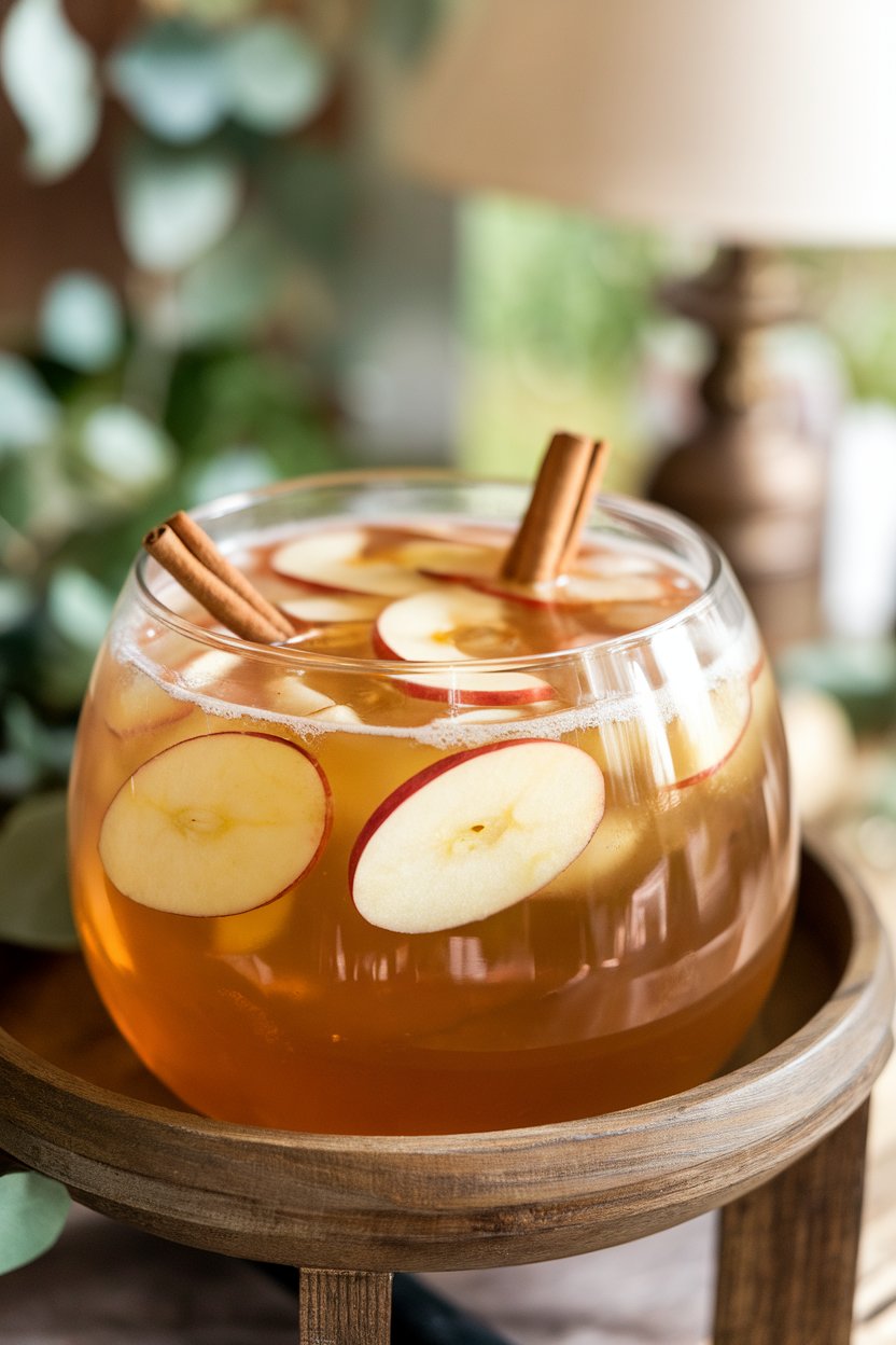 An indoor punch bowl filled with golden Applejack Punch, cinnamon sticks and apple slices floating. No text or logos.