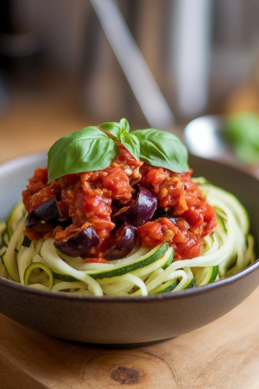 An indoor bowl featuring zucchini noodles topped with cooked eggplant-tomato caponata, garnished with basil, no text or logos.