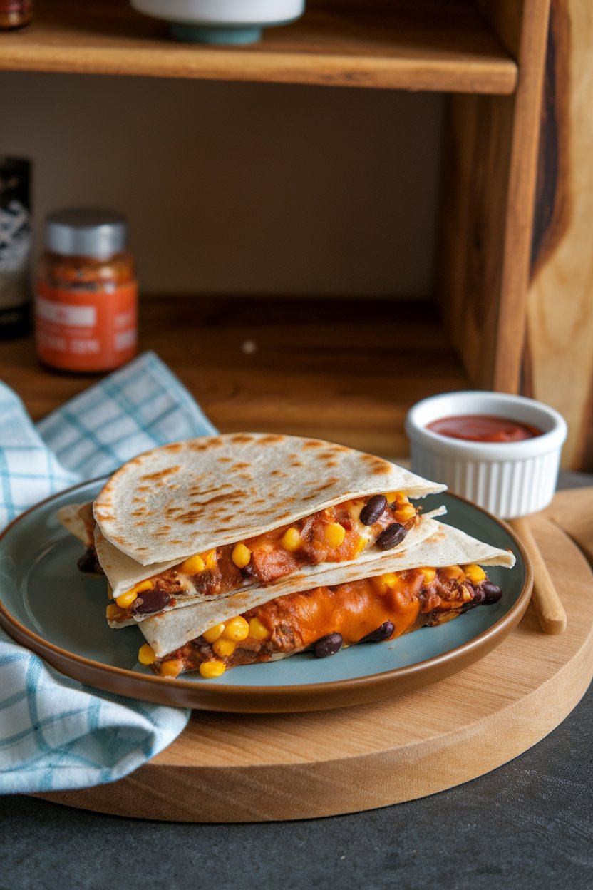 Indoor casual plate, BBQ black bean and corn quesadilla, melted cheddar, photo, no text or logos.