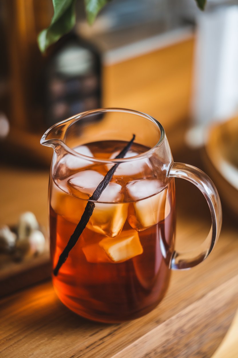 A photo of an indoor pitcher holding amber rooibos tea with vanilla bean specks, ice cubes clinking; no text or logos.