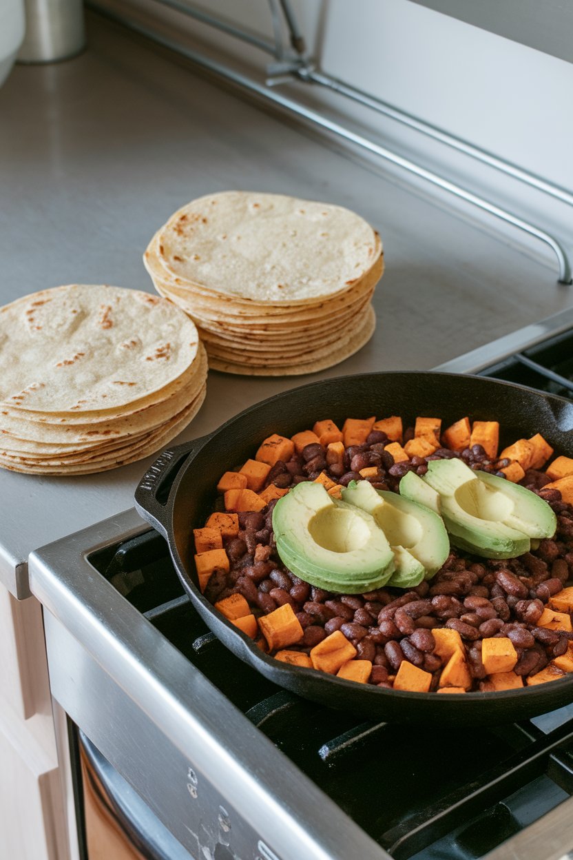 An indoor counter with warm corn tortillas stacked next to a skillet of roasted sweet potato cubes and seasoned black beans, topped with avocado slices; no text or logos; photo.