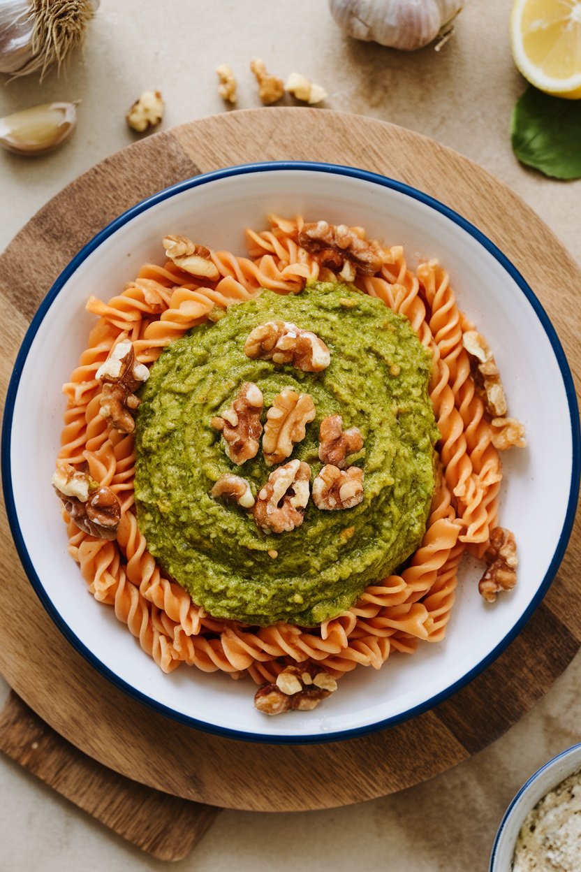Indoor overhead photo of gemelli pasta coated in bright green carrot-top pesto, crushed walnuts sprinkled around. No text or logos.