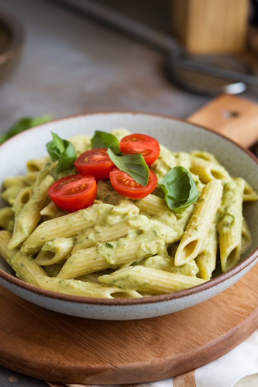 An indoor bowl of penne coated in a creamy avocado sauce, garnished with cherry tomato halves and basil ribbons. No text or brand names.