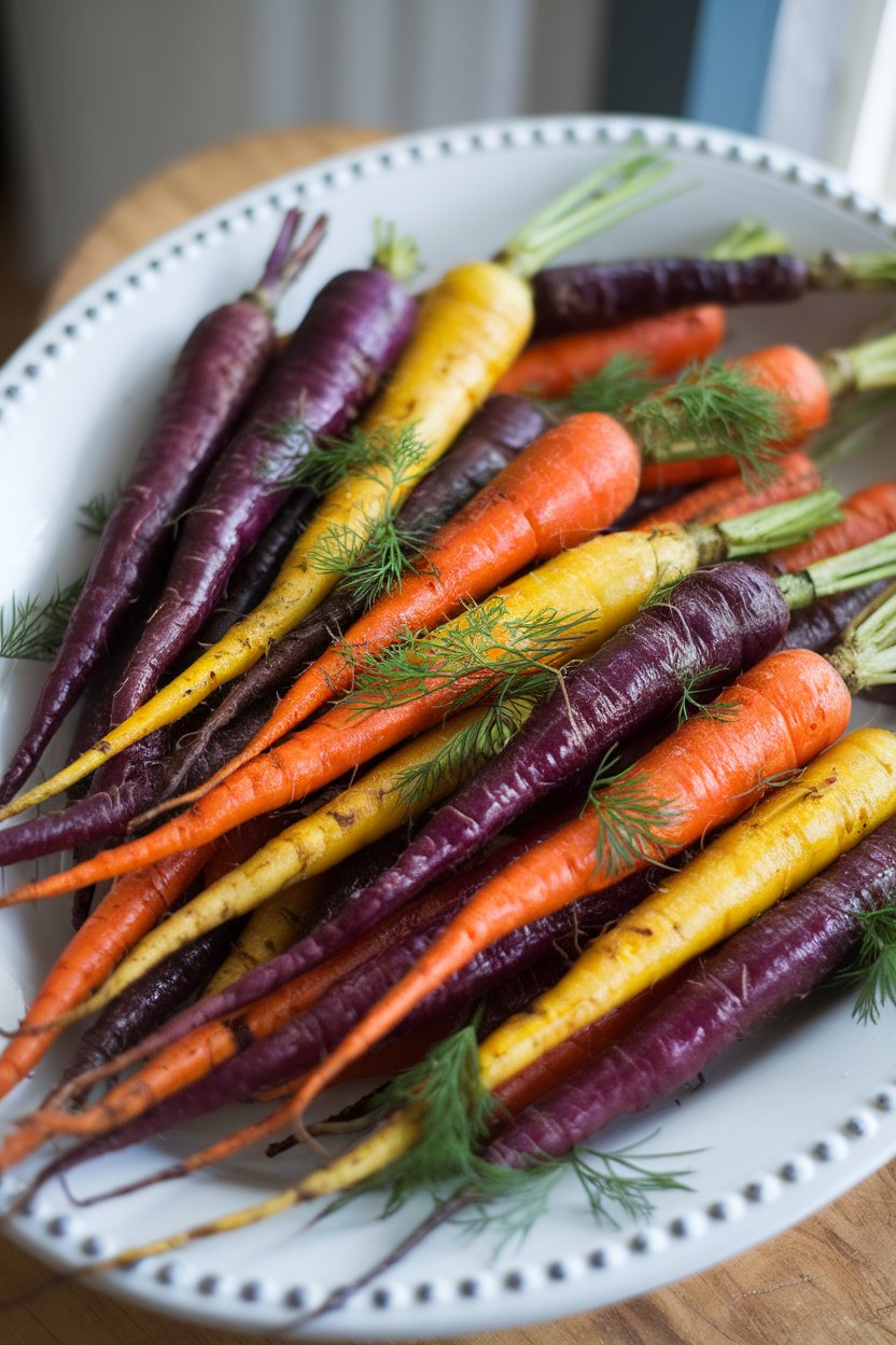 Colorful roasted heirloom carrots in shades of purple, yellow, and orange on a white platter, sprinkled with fresh dill, all photographed indoors. No text or logos.